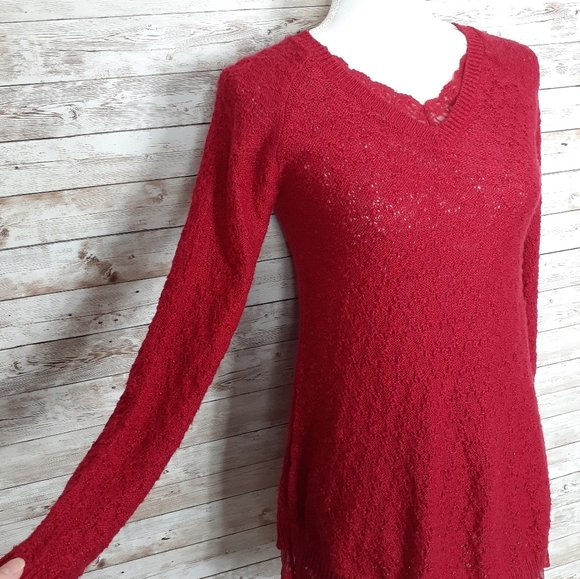 Style & Co Red Sweater Lace Hem 288 - Picture 2 of 6